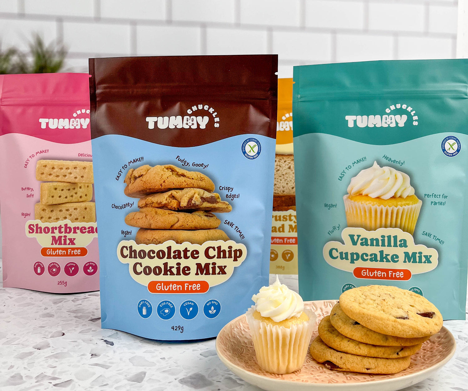 Tummy Chuckles gluten free bake mixes on top of kitchen counter 