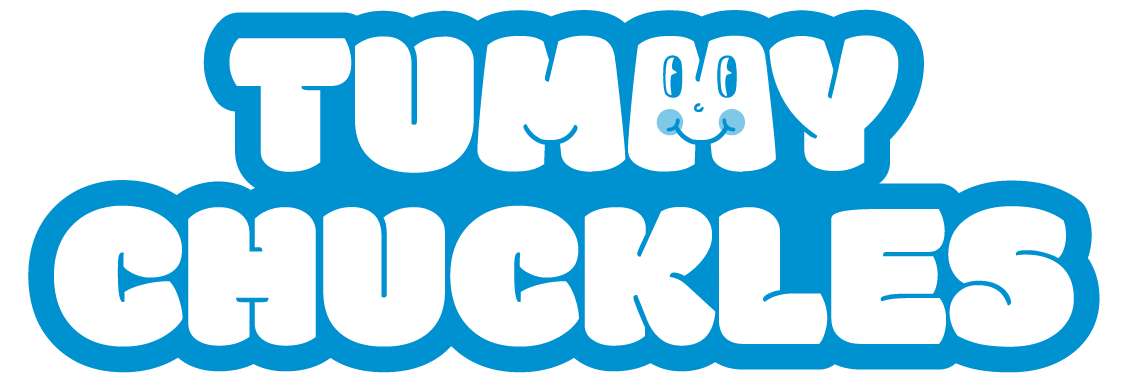 Logo with 'Tummy Chuckles' text in blue and white on a white background