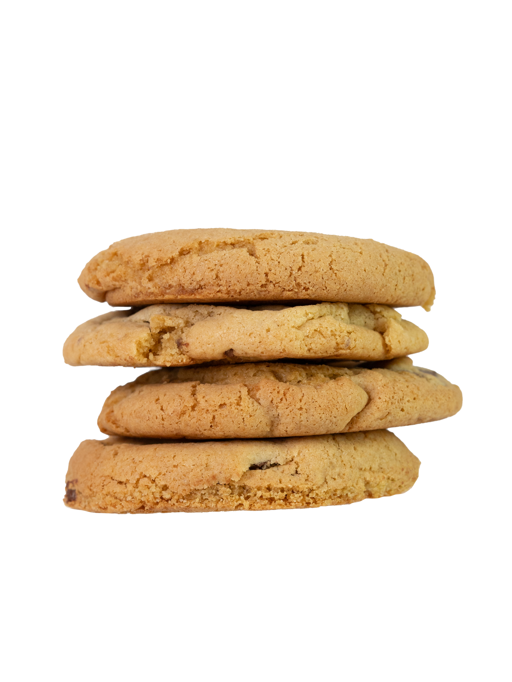 A stack of four golden-brown chocolate chip cookies.