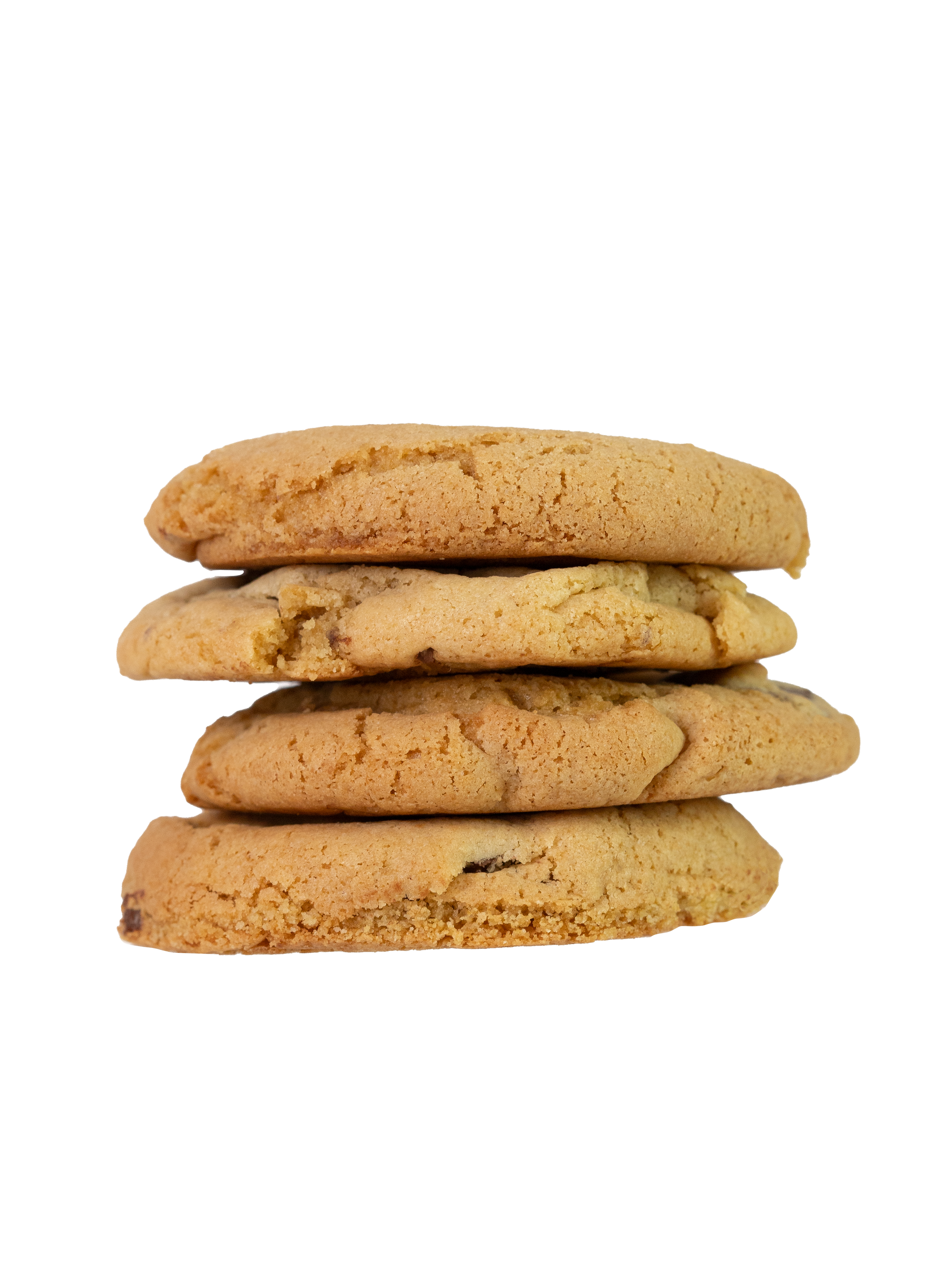 A stack of four golden-brown chocolate chip cookies.