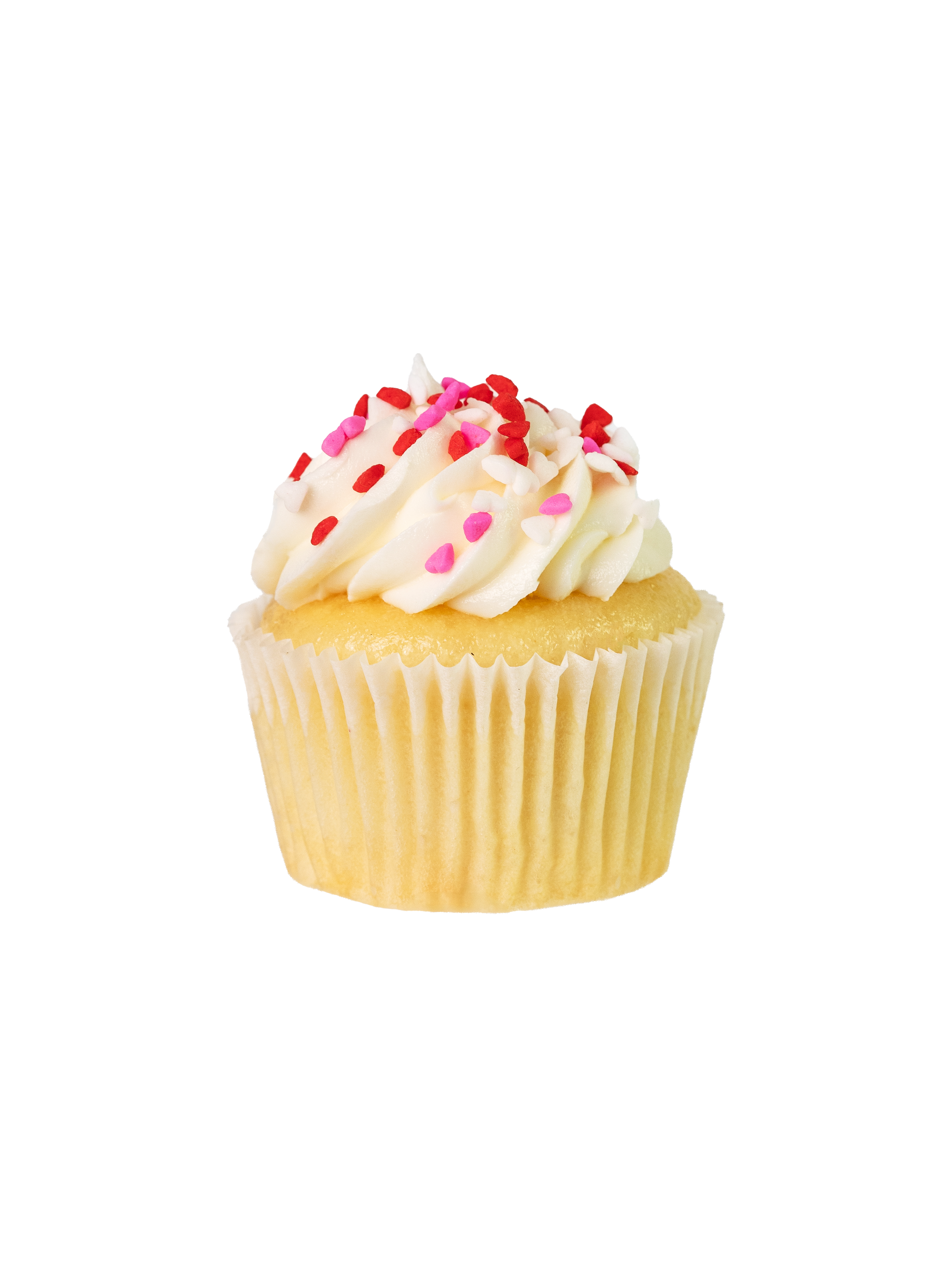 A vanilla cupcake with white frosting and red sprinkles on top, against a white background.