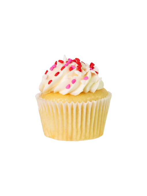 A vanilla cupcake with white frosting and red sprinkles on top, against a white background.