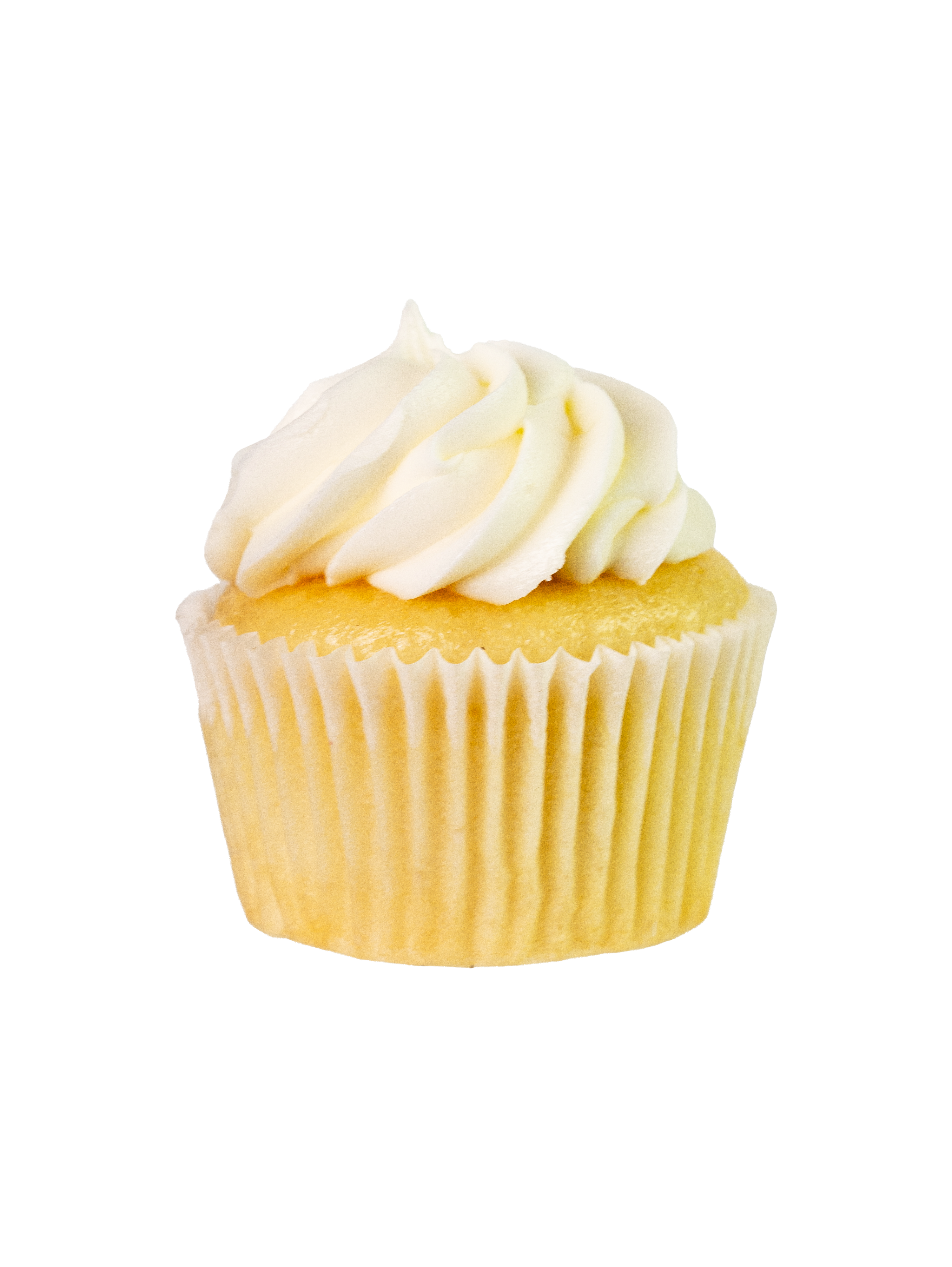 Yellow cupcake with white frosting on a white background