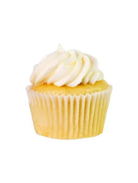 Yellow cupcake with white frosting on a white background