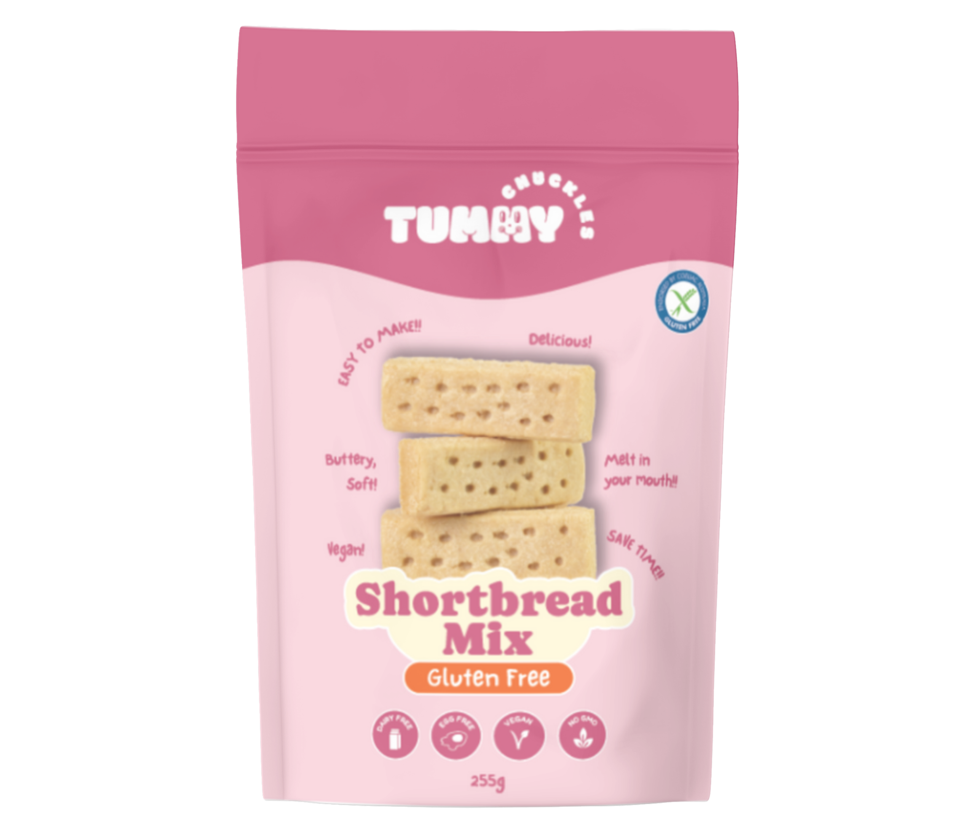 Pink packaging of Tummy Chuckles shortbread mix with images and text on a white background