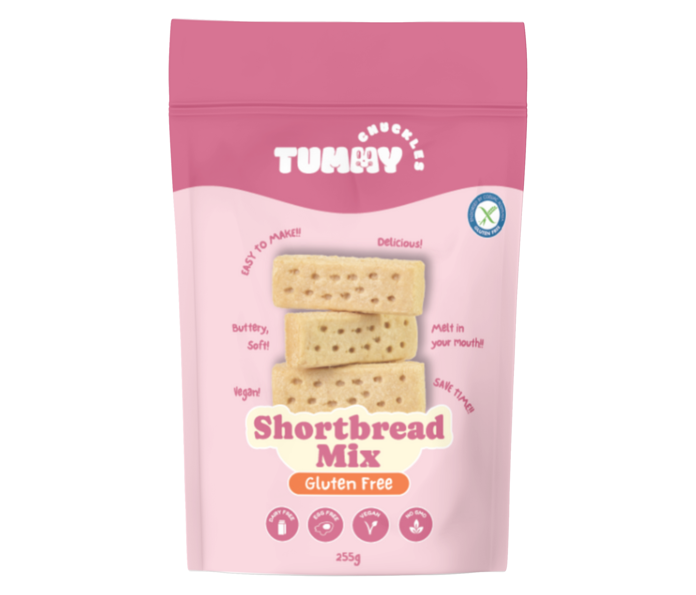Pink packaging of Tummy Chuckles shortbread mix with images and text on a white background